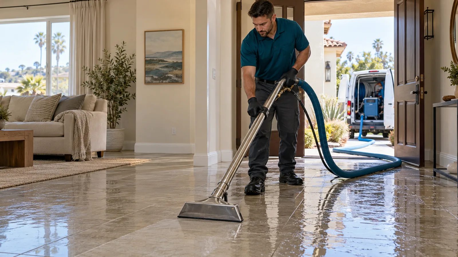 Worker extracting water from a tiled living room floor near an open front door