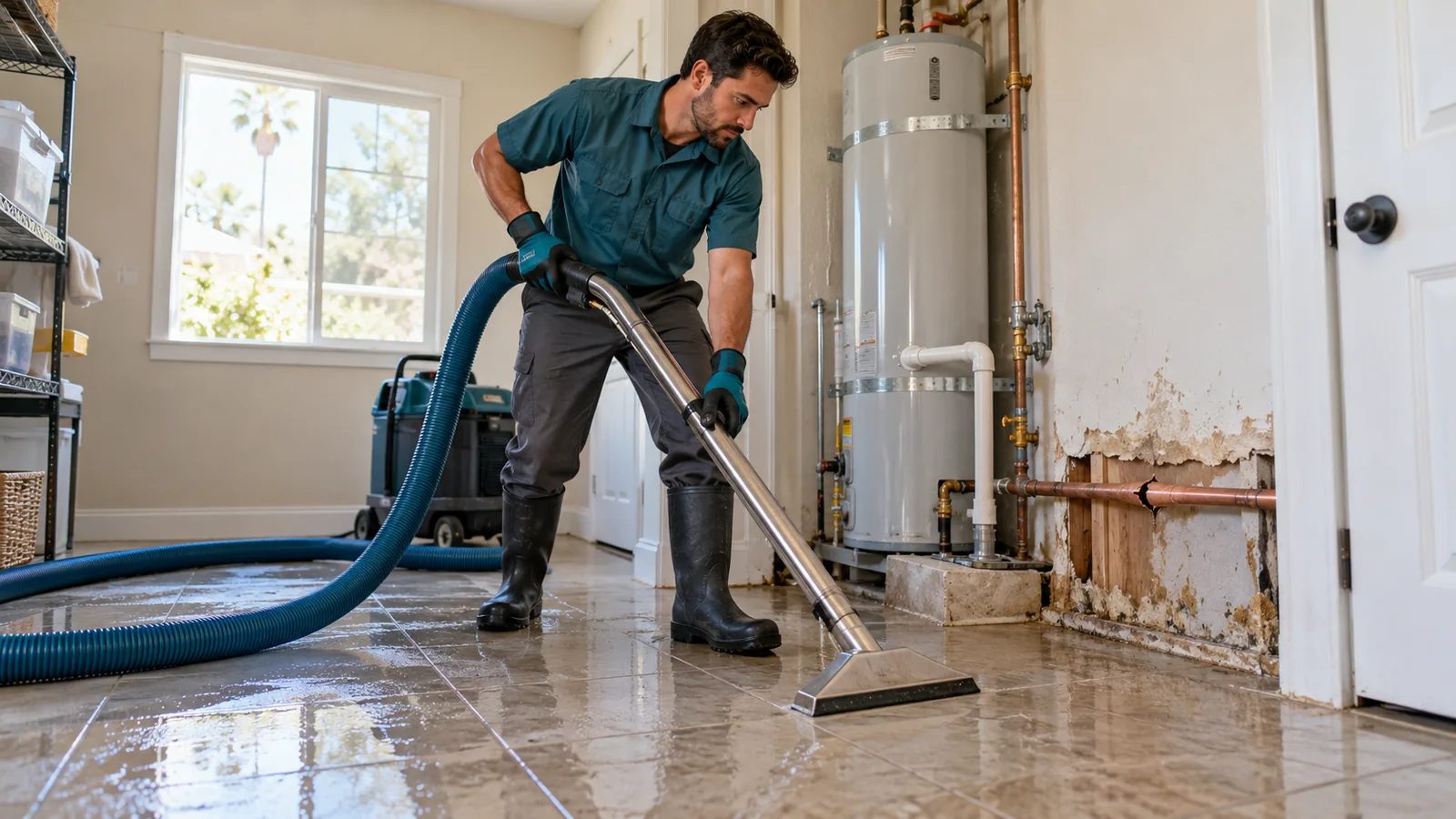 Water being removed from a utility room floor beside an exposed burst pipe