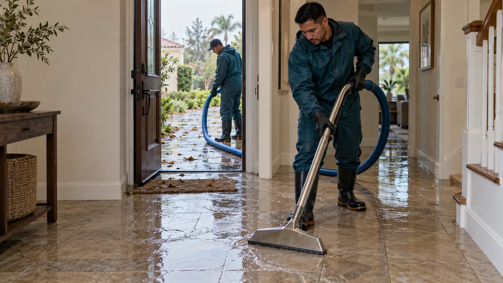 Two workers removing rainwater from a home entrance after a storm