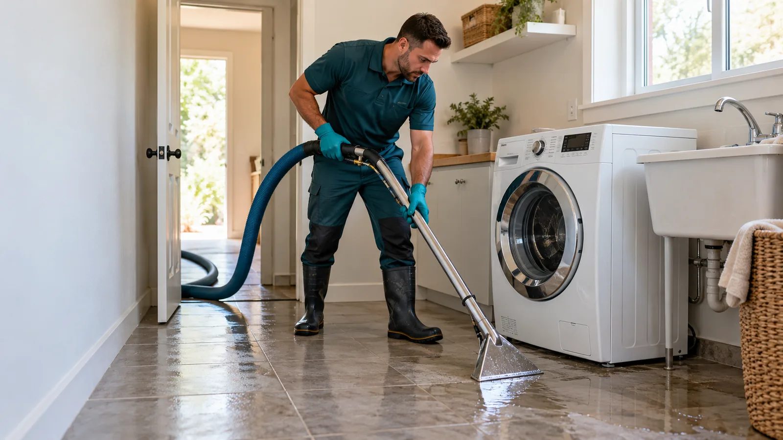 Water being removed beside a washing machine and utility sink in a laundry room