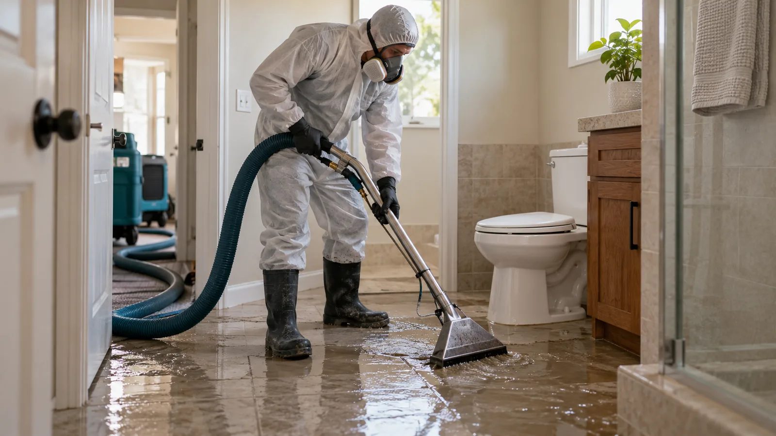 Worker in protective coveralls and a respirator removing wastewater from a bathroom floor