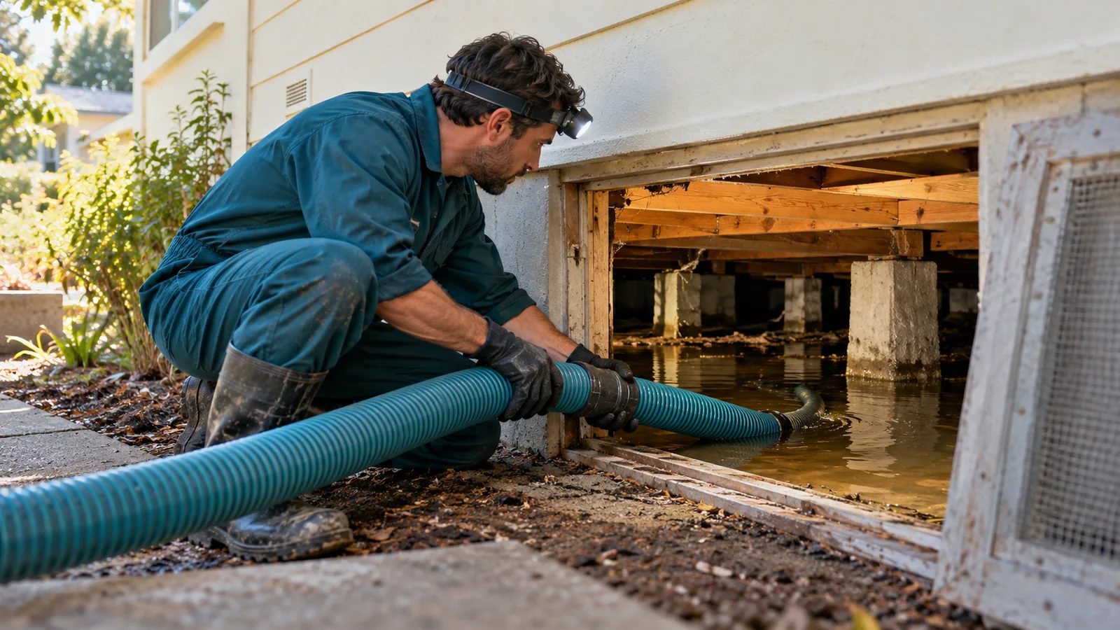 Suction hose guided through a foundation opening to remove water from a crawl space